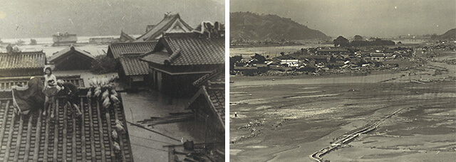 昭和28年の水害の様子。豪雨によって有田川の各所が氾濫した。