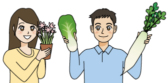 野菜や花を持つ学生のイラスト