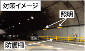 トンネル内の防護柵と証明の写真