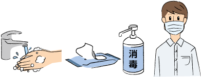 手洗い　除菌シート　消毒液　マスクする人のイラスト