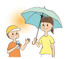 日傘をさす人と水分補給をする人のイラスト