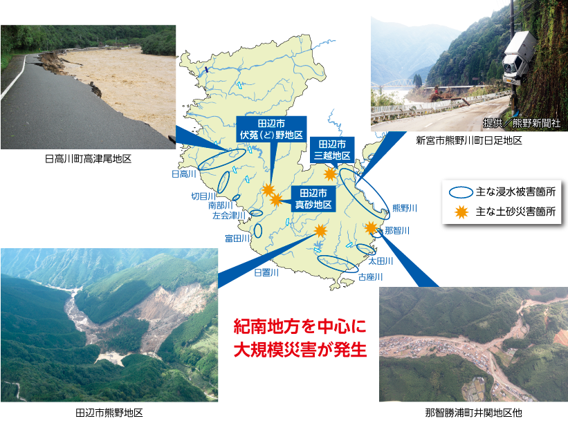 紀南地方を中心に大規模災害が発生した主な箇所