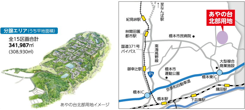 分譲エリア(うち平地面積) 全15区画合計 341,987平方メートル (308,930平方メートル)