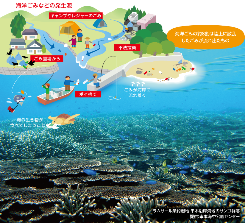 海洋ゴミなどの発生源イラスト図とラムサール条約湿地 串本沿岸海域のサンゴ群落の画像