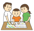 家族でハザードマップを確認するイラスト