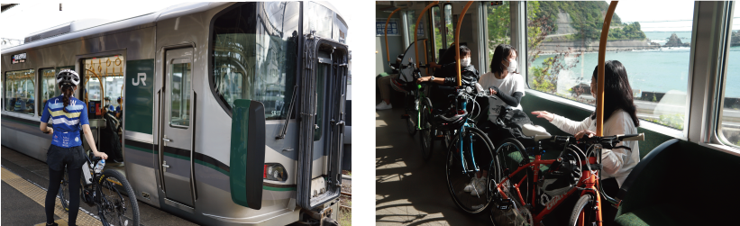 自転車を電車に積み込む様子