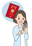 パスポートの申請手続をスマートフォンで調べている女性のイラスト