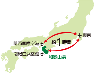 南紀白浜空港、関西国際空港から東京間のアクセス図