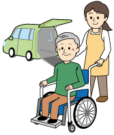 車椅子に乗ったお爺さんと介護をしている女性のイラスト