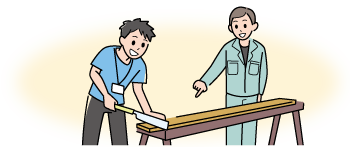 木材を切る体験をしているイラスト