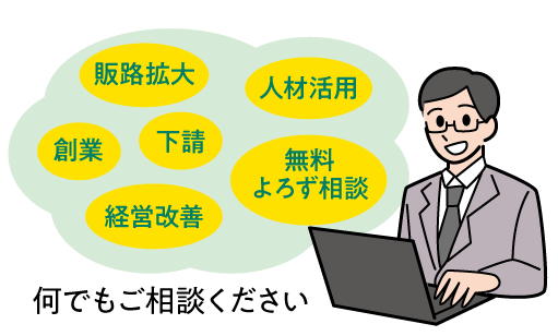 販路拡大、人材活用、創業、下請、無料
よろず相談、経営改善、何でもご相談ください