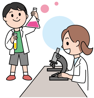実験したり顕微鏡をのぞいたりしているこどものイラスト