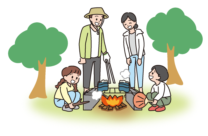 家族で飯盒炊爨するイラスト