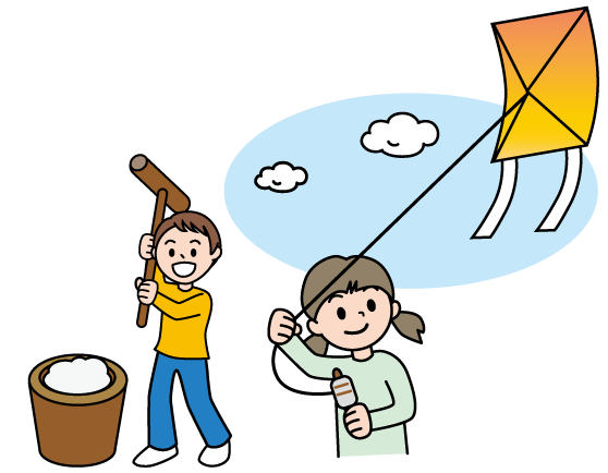 餅つきと凧あげのイラスト