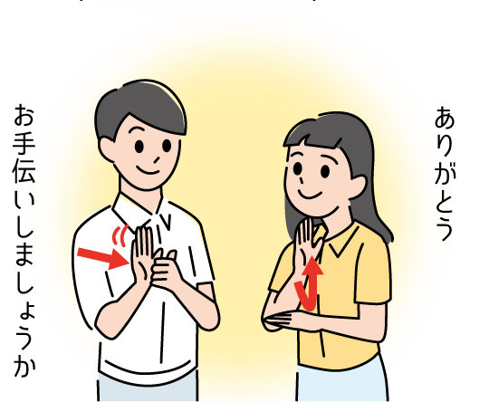 「お手伝いしましょうか」「ありがとう」の手話のイラスト