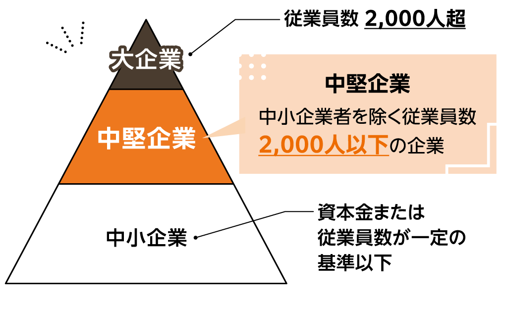企業のピラミッド図。大企業：従業員数2,000人超、中堅企業：中小企業者を除く従業員数2,000人以下の企業、中小企業：資本金または従業員数が一定の基準以下