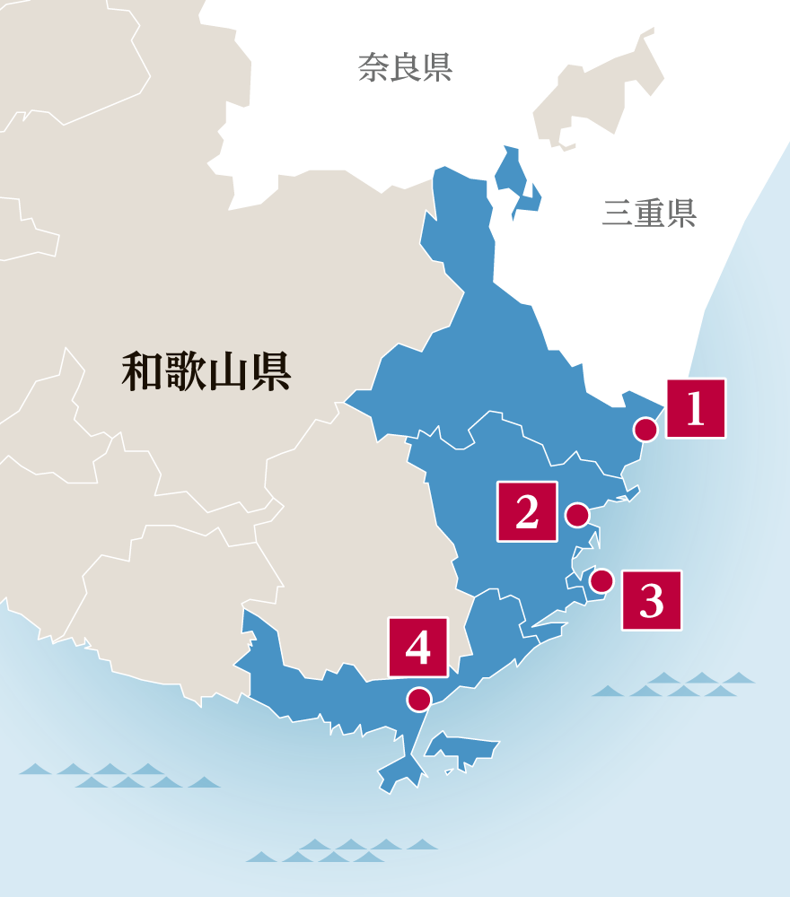 紀南地方の地図。後述の構成文化財との対応のために、地図上に数字が振られており、新宮市に1、那智勝浦町に2、太地町に3、串本町に4がそれぞれ振られている。