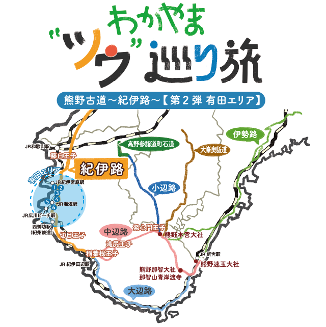 見出しロゴ文字「わかやまツウ巡り旅」と熊野古道〜紀伊路〜 【第2弾 有田エリア】の地図