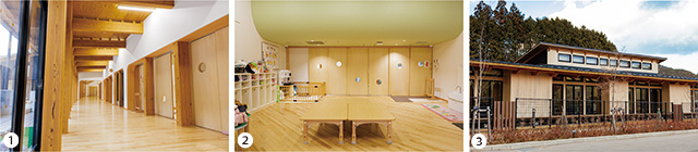 ➀クラス名に合わせてデザインした木製看板を設置した。➁室内には木の香りが漂い、五感を刺激する。➂広さは848平米で、最大75人が利用可能。