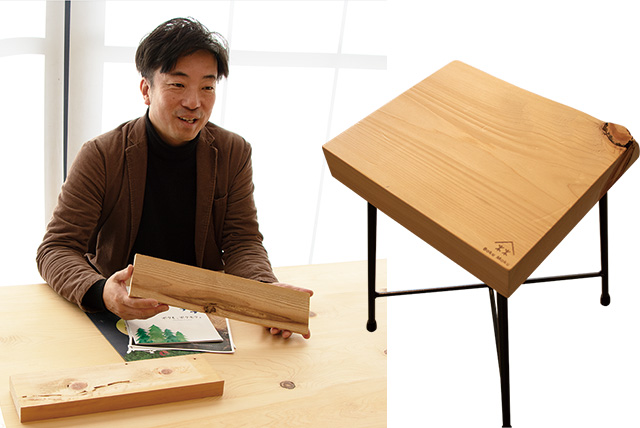 虫食い材を手に語る榎本さんとBokuMokuの椅子。