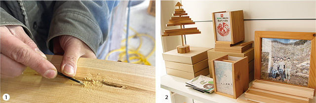 左）「虫食い材」の虫食いの穴を削りパテで埋める等の工程作業中の手元、右）山を身近に感じてもらう活動として行う子ども向けワークショップでつかう木工キット