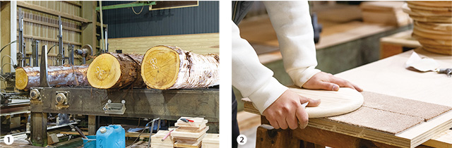左）作業場に隣接する「新宮原木市場」で買い乾燥させて加工する木材、右）オーダー家具やオリジナル什器を作る作業の手元