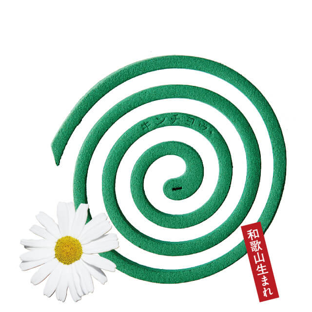 金鳥の蚊取り線香と、それに使用される白い花を咲かせる除虫菊"
