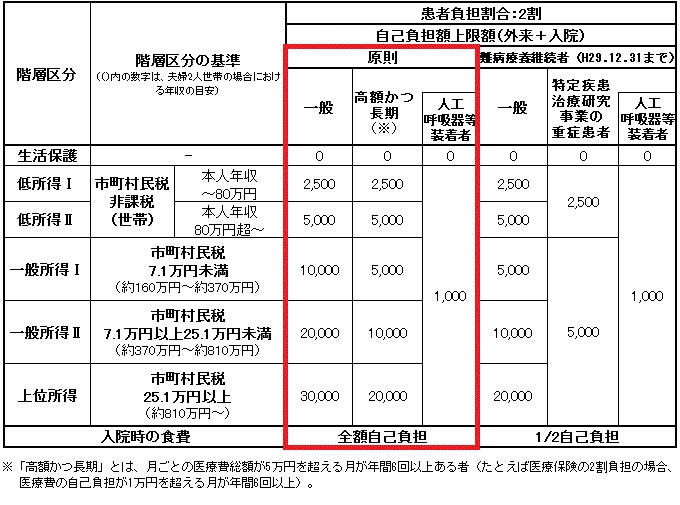 自己負担額の表