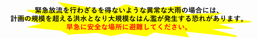 緊急放流を行わざるを得ないような異常な大雨の場合には、 計画の規模を超える洪水となり大規模なはん濫が発生する恐れがあります。 早急に安全な場所に避難してください。