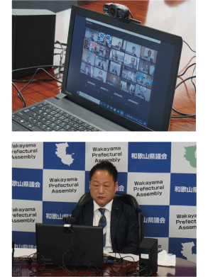 オンライン会議の画面と岸本 健 議長の写真