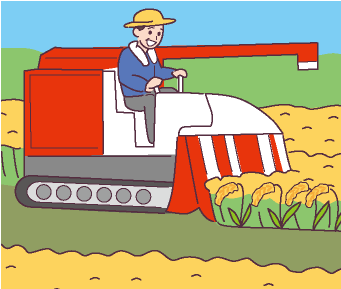 稲刈り機で米を収穫するイラスト