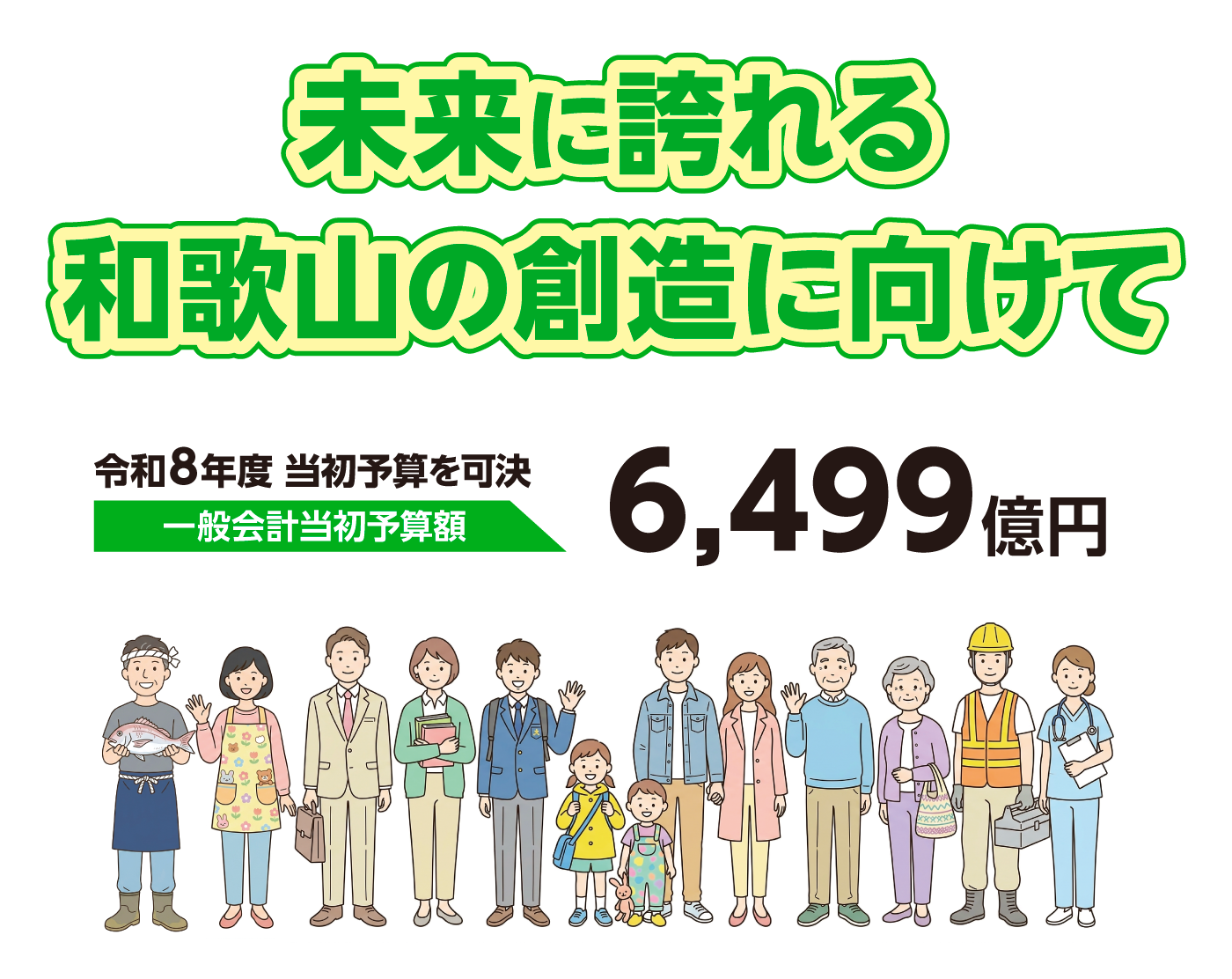 未来に誇れる 和歌山の創造に向けて　令和8年度 当初予算を可決 一般会計当初予算額6,499億円 県民のイメージイラスト