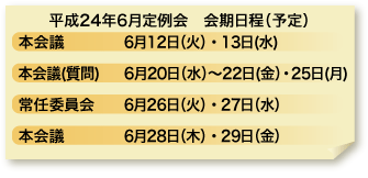 平成24年度6月定例会 会期日程(予定) 本会議 6月12日(火)・13日(水) 本会議(質問) 6月20日(水)〜22日(金)・25日(月) 常任委員会 6月26日(火)・27日(水) 本会議 6月28日(木)・29日(金)