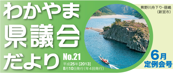 わかやま県議会だより　No.21　平成25年【2013】8月10日（年4回発行）　6月定例会号　熊野川舟下り・昼嶋（新宮市）