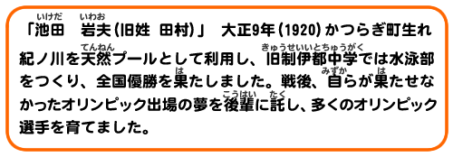 「池田　岩夫(旧姓 田村)」大正9年(1920)生 かつらぎ町生れ
紀ノ川を天然プールとして利用し、旧制伊都中学では水泳部をつくり、全国優勝を果たしました。戦後、自らが果たせなかったオリンピック出場の夢を後輩に託し、多くのオリンピック選手を育てました。