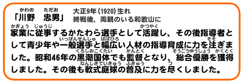 「川野 忠男」大正9年(1920)生　終戦後、両親のいる和歌山に
家業に従事するかたわら選手として活躍し、その後指導者として青少年や一般選手と幅広い人材の指導育成に力を注ぎました。昭和46年の黒潮国体でも監督となり、総合優勝を獲得しました。その後も軟式庭球の普及に力を尽くしました。