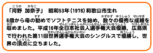 「河野 加奈子」昭和53年(1978)生　和歌山市生れ
6歳から母の勧めでソフトテニスを始め、数々の優秀な成績を収めました。平成16年全日本社会人選手権大会優勝、広島県で行われた第11回世界選手権大会のシングルスで優勝し、世界の頂点に立ちました。