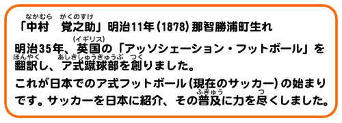 「中村 覚之助」明治11年(1878)那智勝浦町生れ
明治35年、英国の「アッソシェーション・フットボール」を翻訳し、ア式蹴球部を創りました。これが日本でのア式フットボール(現在のサッカー)の始まりです。サッカーを日本に紹介、その普及に力を尽くしました。
